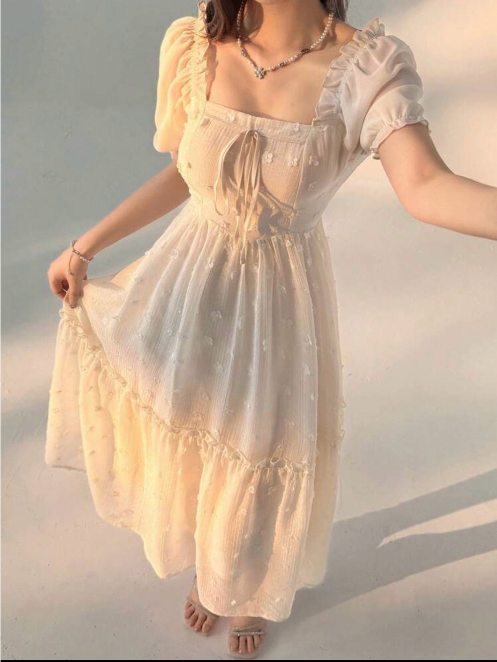 Elegant Cream Puff-Sleeve Midi Dress
